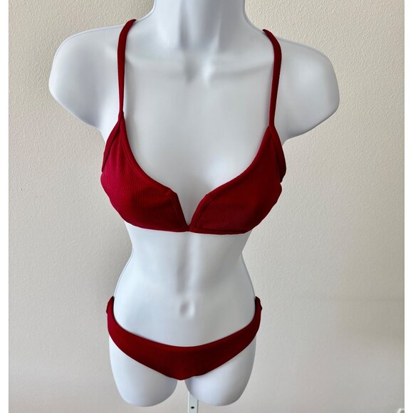 Ribbed Swimsuit 6 Bikini Plunge Neckline Athleisure Minimalist Chic Coquette - Picture 4 of 14